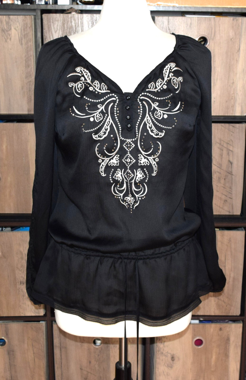 NWT White House Black Market Sheer Boho Top Size S Black Cold Shoulder /Arms